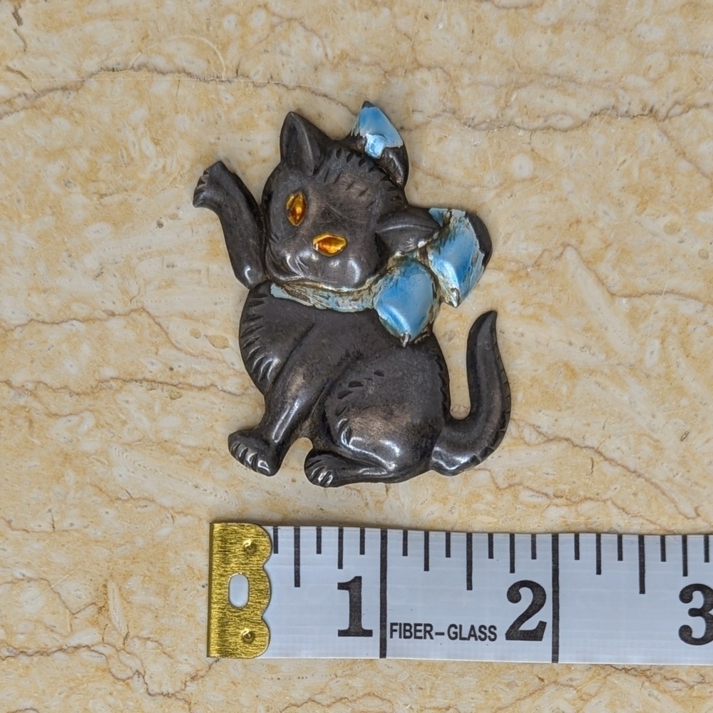 Vintage Pressed Sterling Silver Blue Ribbon Gold Eyes 1950's Kitten Cat Brooch - Picture 4 of 11